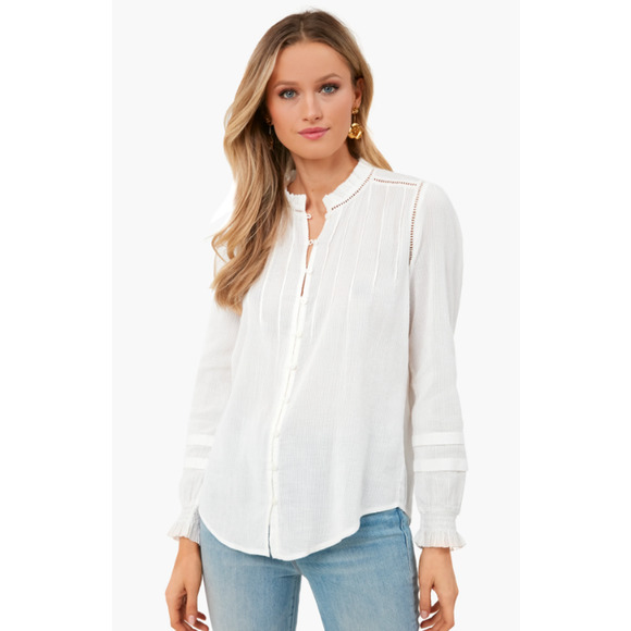Faherty Tops - Faherty Willa Picot Ruffle Embroidered Split Blouson Sleeve Peasant Blouse Top